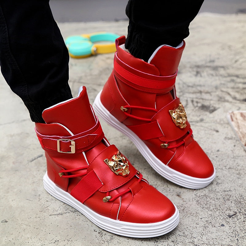 Cool Men High Top Fashion Sneakers Buckle Platform Flats Boots Shoes Man Harajuku Red krasovki Vulcanized Outdoor Shoes - LiveTrendsX