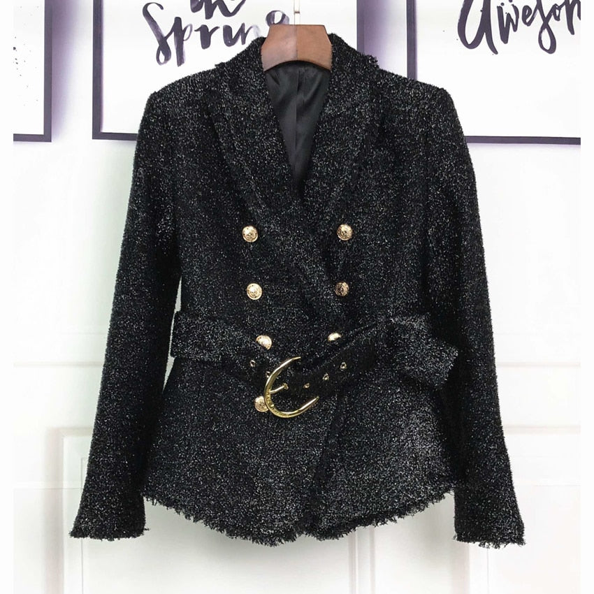 HIGH QUALITY New Fashion 2020 Fall Winter Designer Blazer Jacket Women's Silver Glitter Lacing Belt Blazer Coat - LiveTrendsX