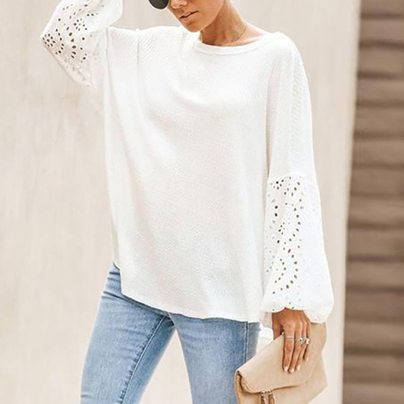 O-Neck Elegant Embroidery Floral Hollow Out Blouse Shirt Women Lantern Sleeve Tops Spring Summer Casual Loose Blusas Plus Size - LiveTrendsX