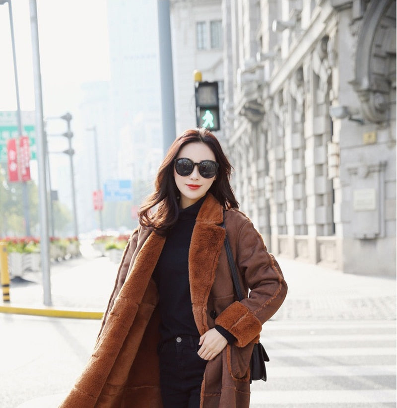 Women lambs wool coat female long thick warm shearling coats faux suede leather jackets autumn winter female outerwear - LiveTrendsX