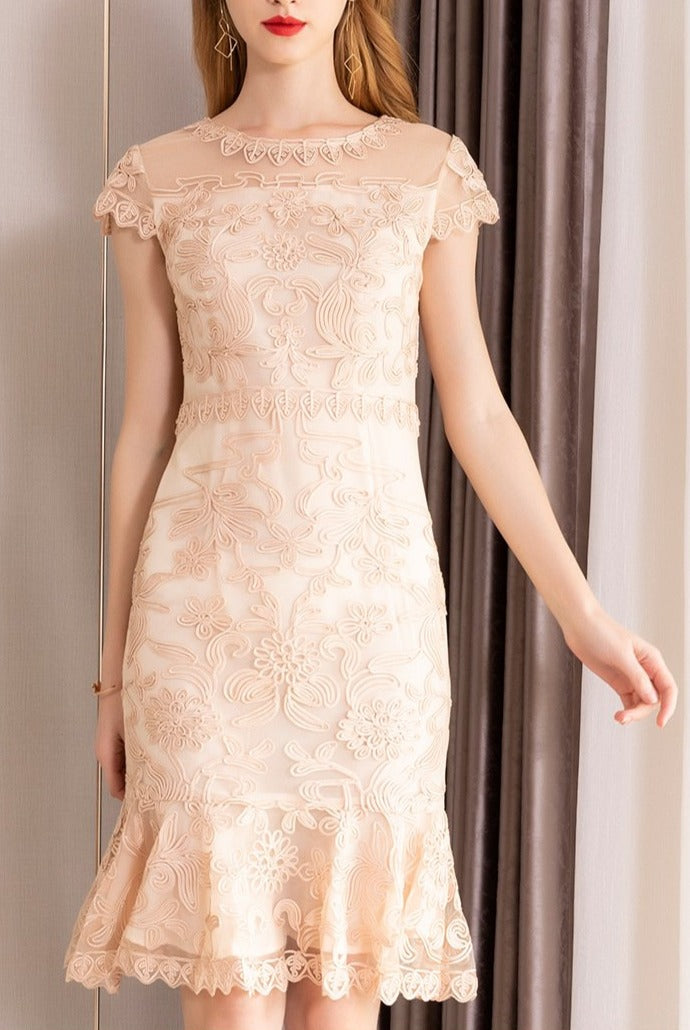 summer new women elegant Dress short Petal sleeve O-neck bag hip sheath Embroidery lace Dress vestidos de verano - LiveTrendsX