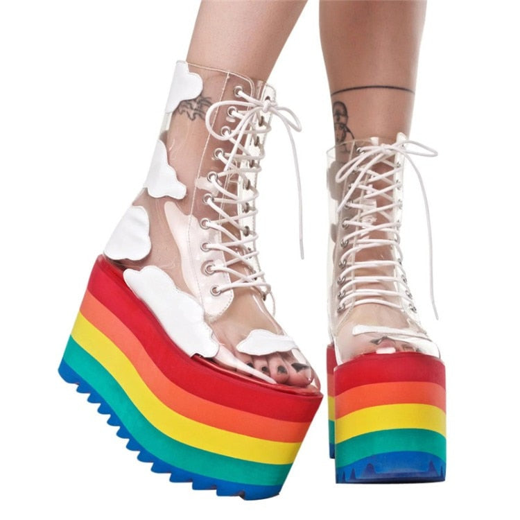 Rainbow Platform Shoes Woman PVC Transparent Lace-Up Thick High Heels Ankle Boots Ladies Height Increasing Party Shoes - LiveTrendsX