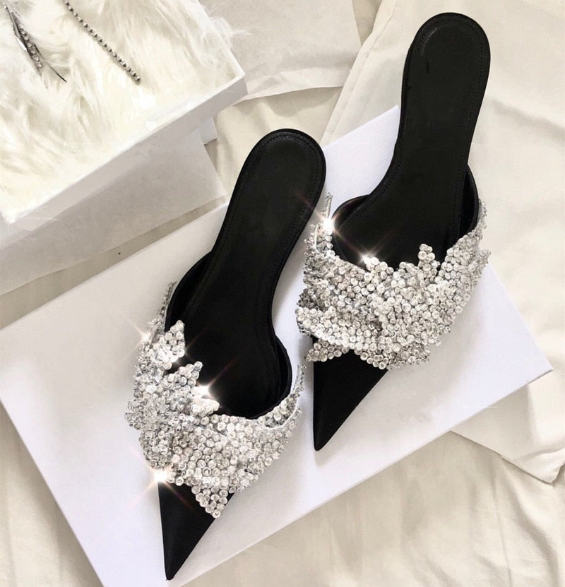 Runway satin Summer Slippers women Luxury Design bling bling crysatal Pointed Toe beach Shoes rhinestone unicornio mules ladies - LiveTrendsX