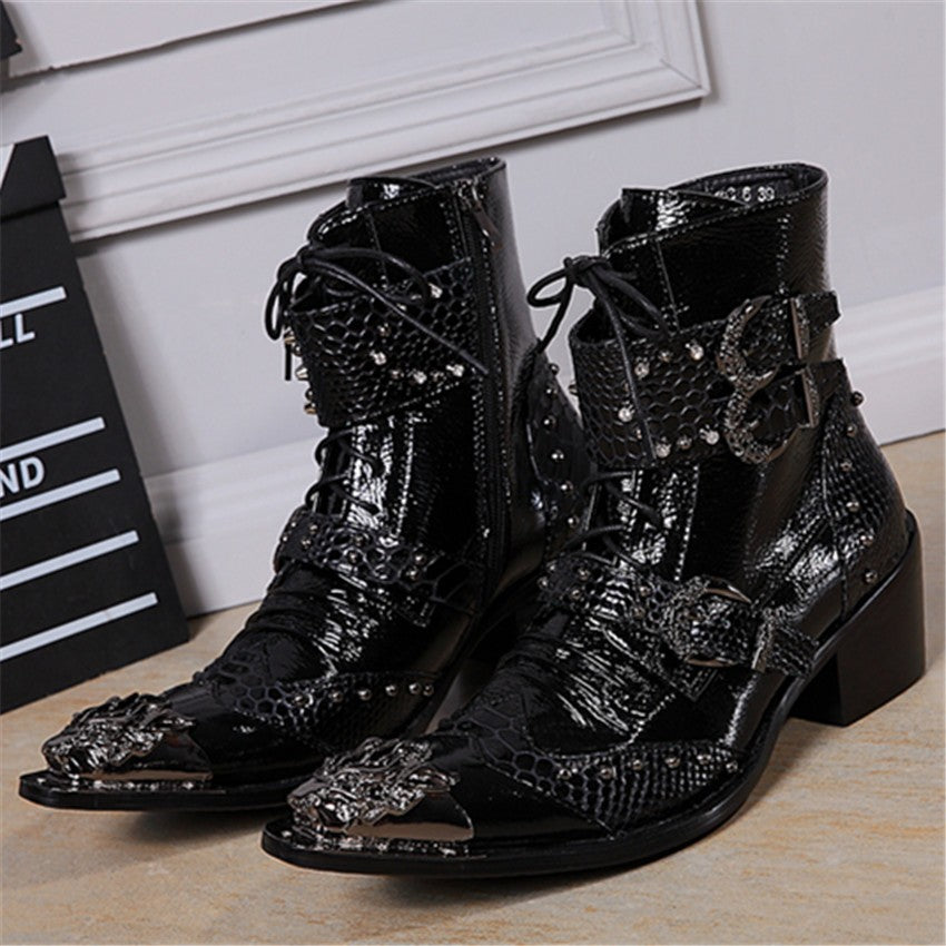 New Punk Style Genuine Leather Men Ankle Boots Iron Pointed Toe Lace Up Mens Military Cowboy Boots High Top Buckles Botas Hombre - LiveTrendsX