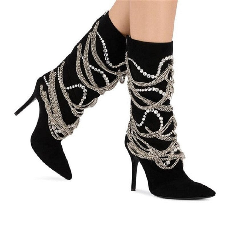 Pointed Toe Mid Calf Boots Back Zipper High Heels Shoes