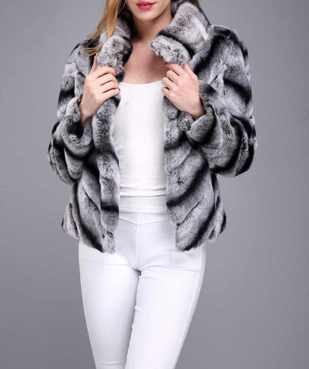 women real rex rabbit fur jacket short coat Chinchilla color with stripe warm winter  classic furry soft fluffy - LiveTrendsX