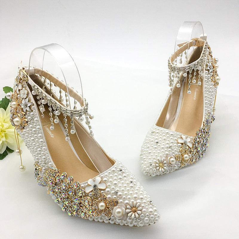 Women Shoes Wedding Big Size 43-47Heels For Party  White Pearl Crystal Peacock Metal Flowers Tassel Pointed Toe Pumps Customize - LiveTrendsX