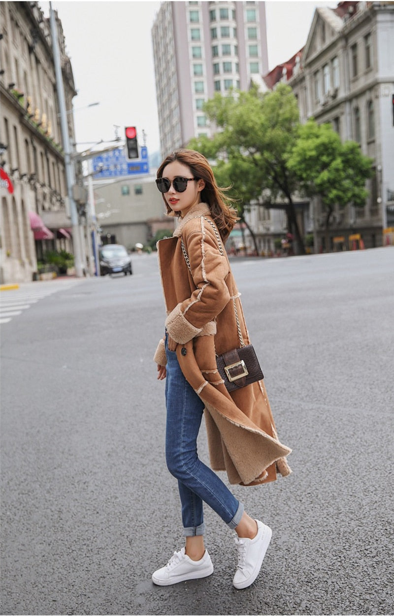 Women lambs wool coat female long thick warm shearling coats faux suede leather jackets autumn winter female outerwear - LiveTrendsX