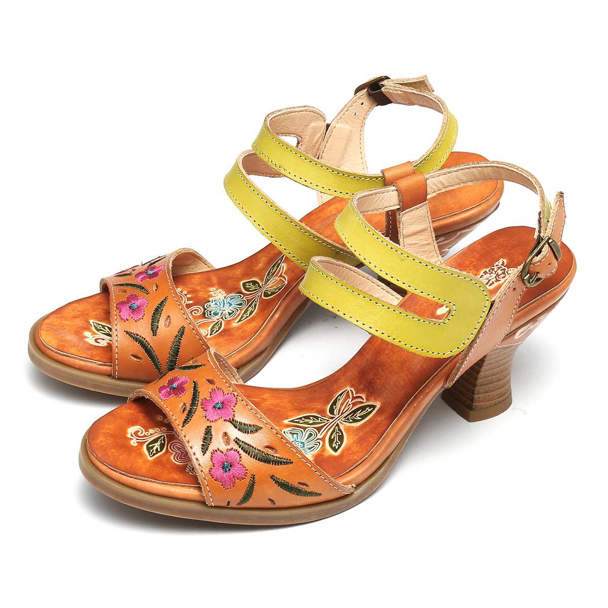 Women Bohemian Vintage Style High Heels Sandals Summer Slingback Peep Toe Sandals Shoes Woman Printed Leather Sandals New - LiveTrendsX