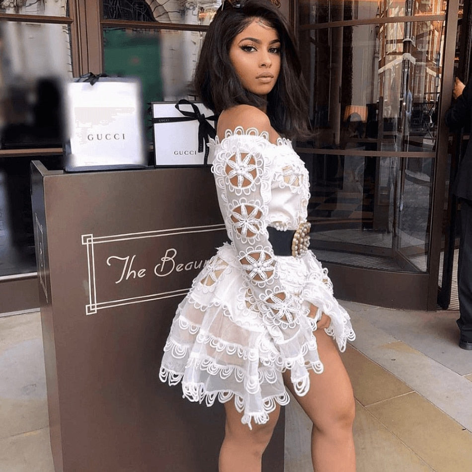 new elegant white lace openwork chiffon dress sexy women's long sleeve mini fishtail dress celebrity party dress Vestidos - LiveTrendsX