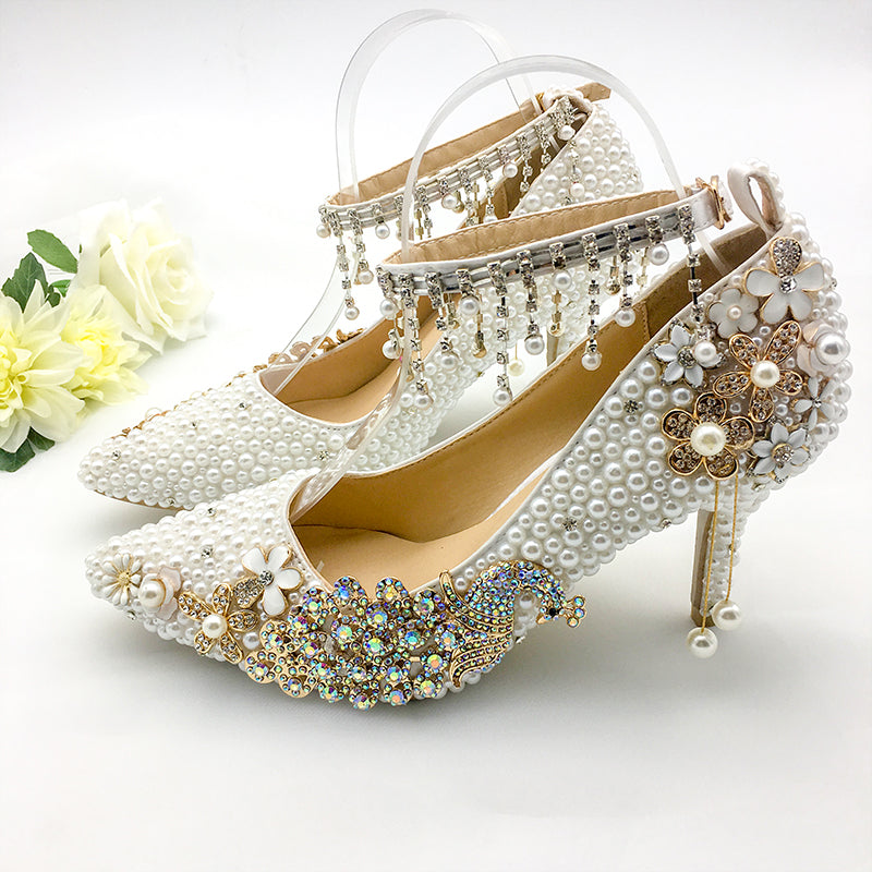 Women Shoes Wedding Big Size 43-47Heels For Party  White Pearl Crystal Peacock Metal Flowers Tassel Pointed Toe Pumps Customize - LiveTrendsX