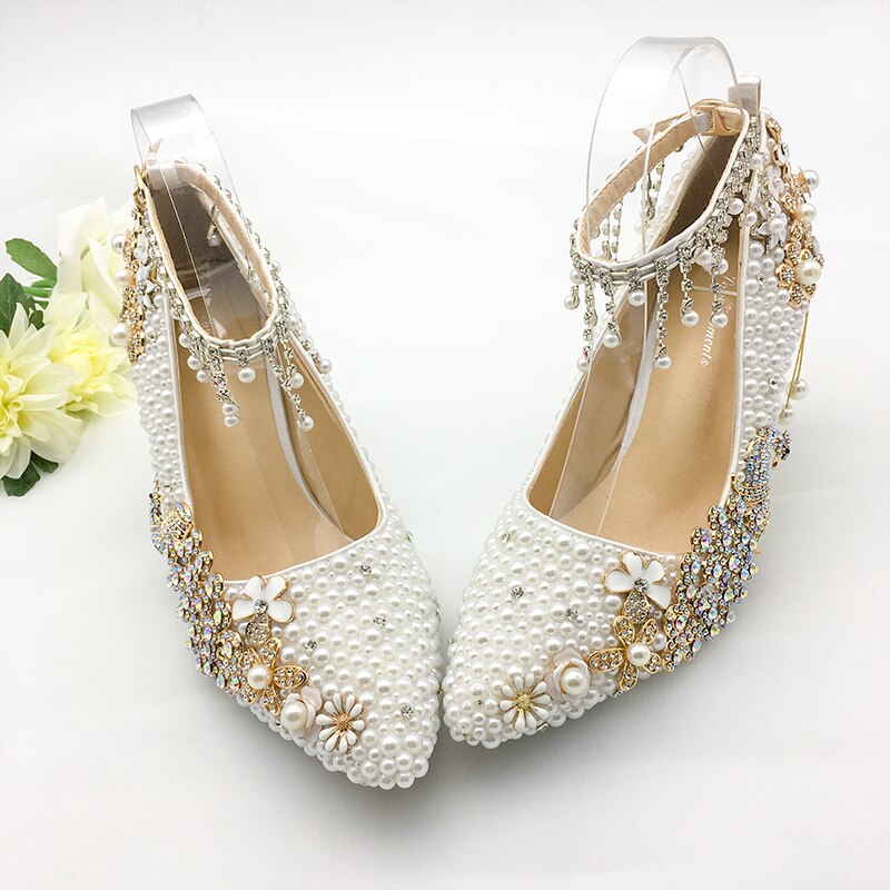 Women Shoes Wedding Big Size 43-47Heels For Party  White Pearl Crystal Peacock Metal Flowers Tassel Pointed Toe Pumps Customize - LiveTrendsX