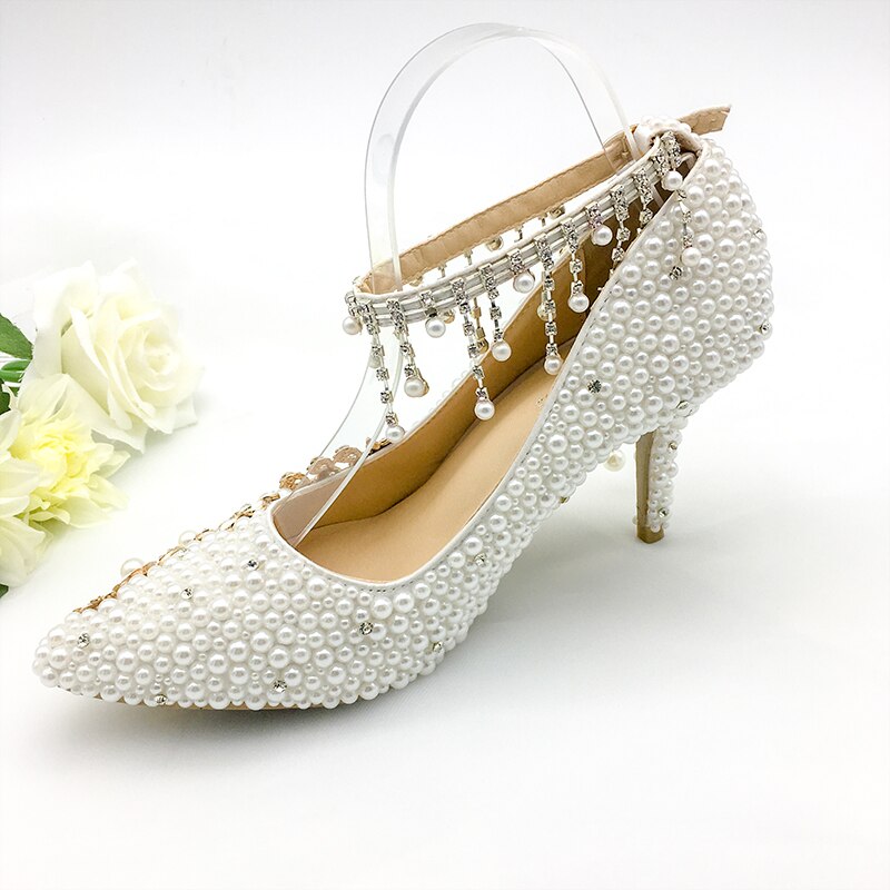 Women Shoes Wedding Big Size 43-47Heels For Party  White Pearl Crystal Peacock Metal Flowers Tassel Pointed Toe Pumps Customize - LiveTrendsX