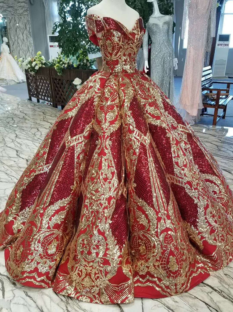 luxury floor length queen prom dresses red curve shape ball gown golden lace evening party dresses glitter free shipping - LiveTrendsX