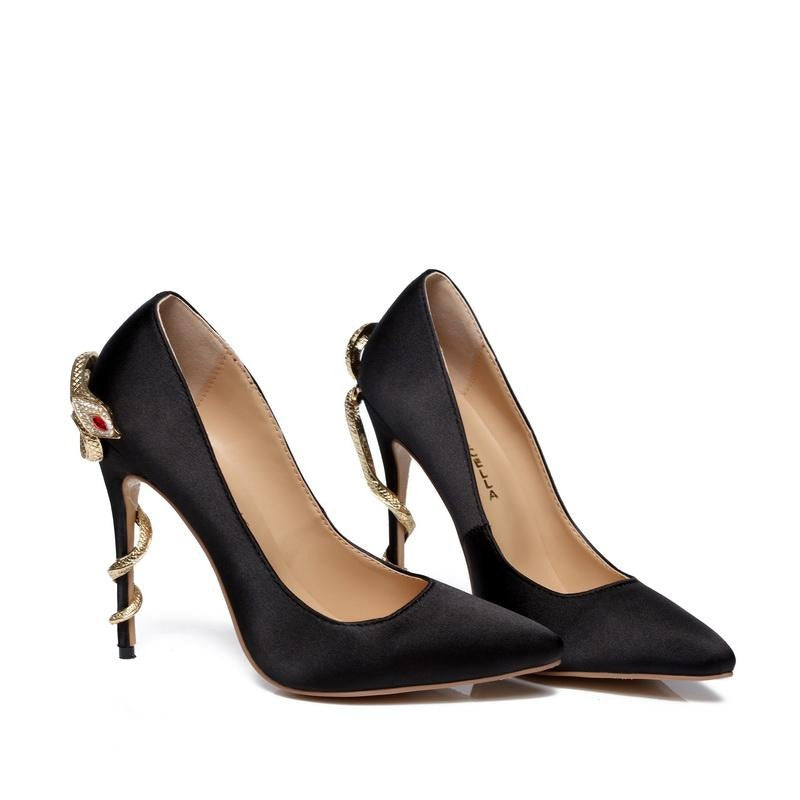 Satin Gold mental snake heel dress shoe unique genuine leather pointed toe high heeled pumps - LiveTrendsX