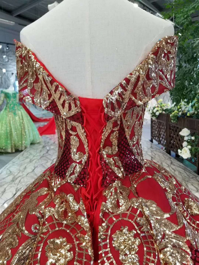 luxury floor length queen prom dresses red curve shape ball gown golden lace evening party dresses glitter free shipping - LiveTrendsX