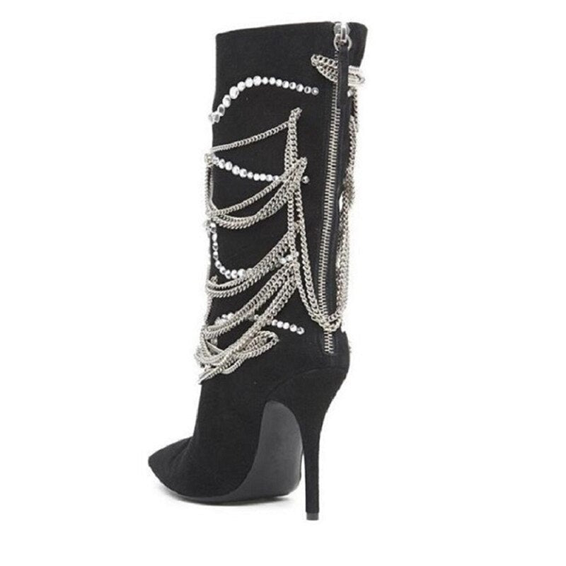 Pointed Toe Mid Calf Boots Back Zipper High Heels Shoes