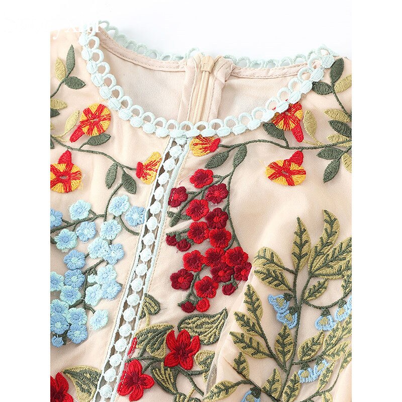 Flower Embroidery Mesh Ruffles Sexy Mini Dress