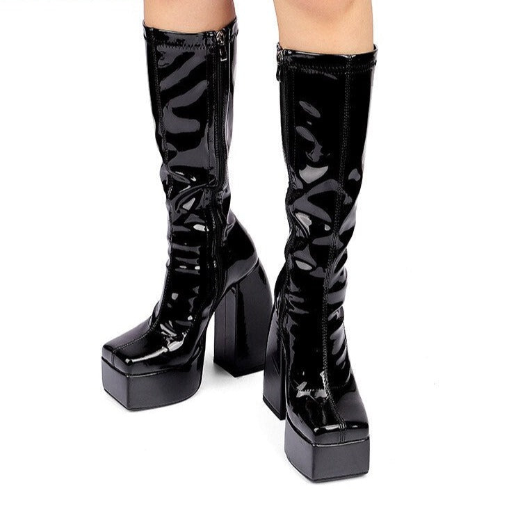 Thick Sole Platform Shoes Square Toe High Heels Long Knee High Boots