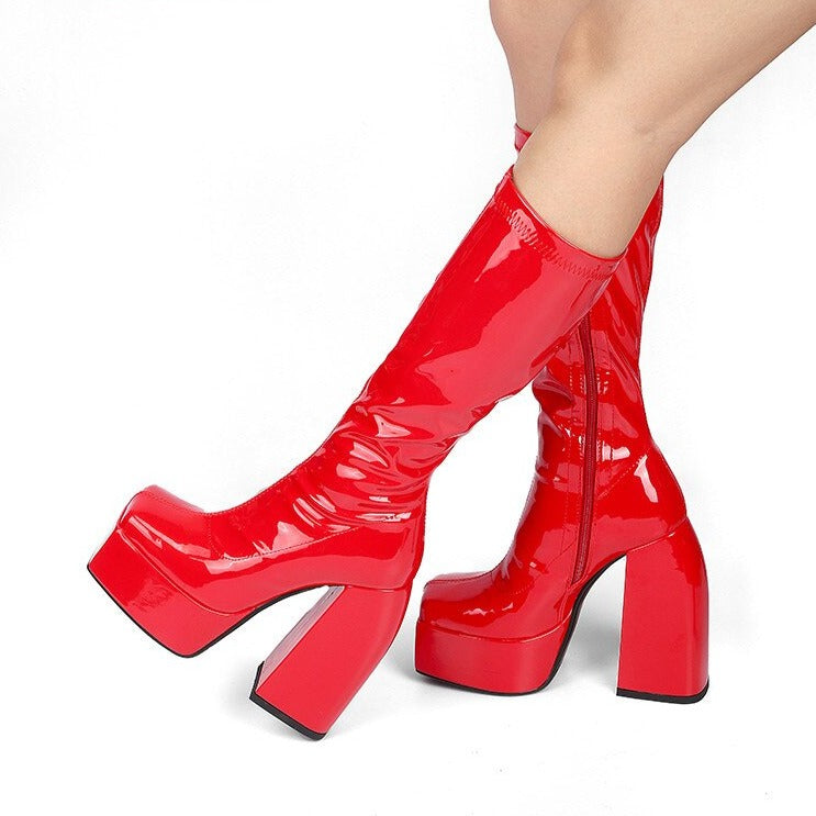 Thick Sole Platform Shoes Square Toe High Heels Long Knee High Boots