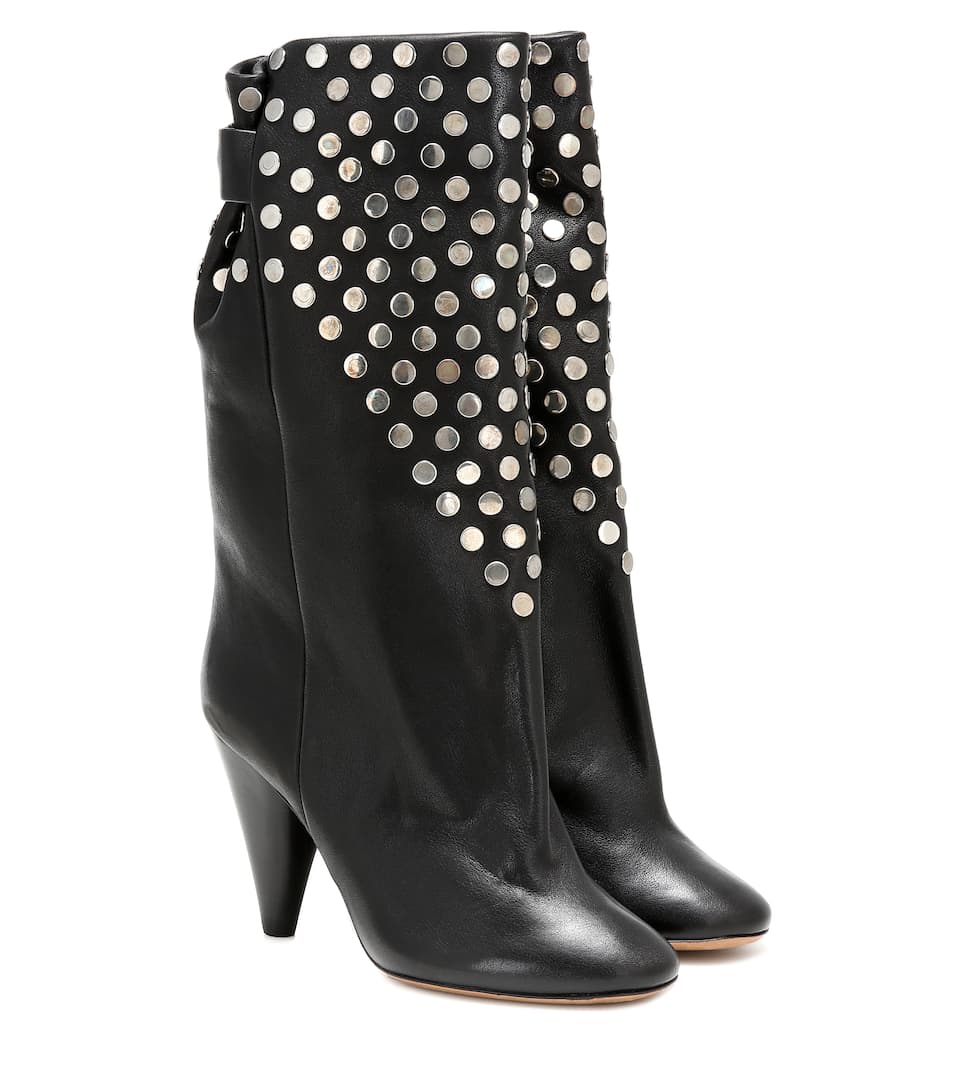 Lady Punk Metal Rivets Studs Martin Boots Black Leather Spike Heels