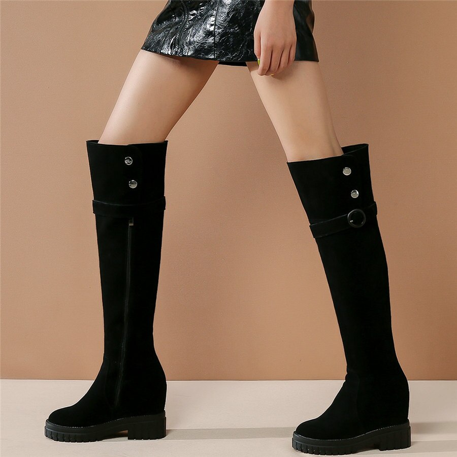 Women Black Genuine Leather High Heel Knee High Military Boots