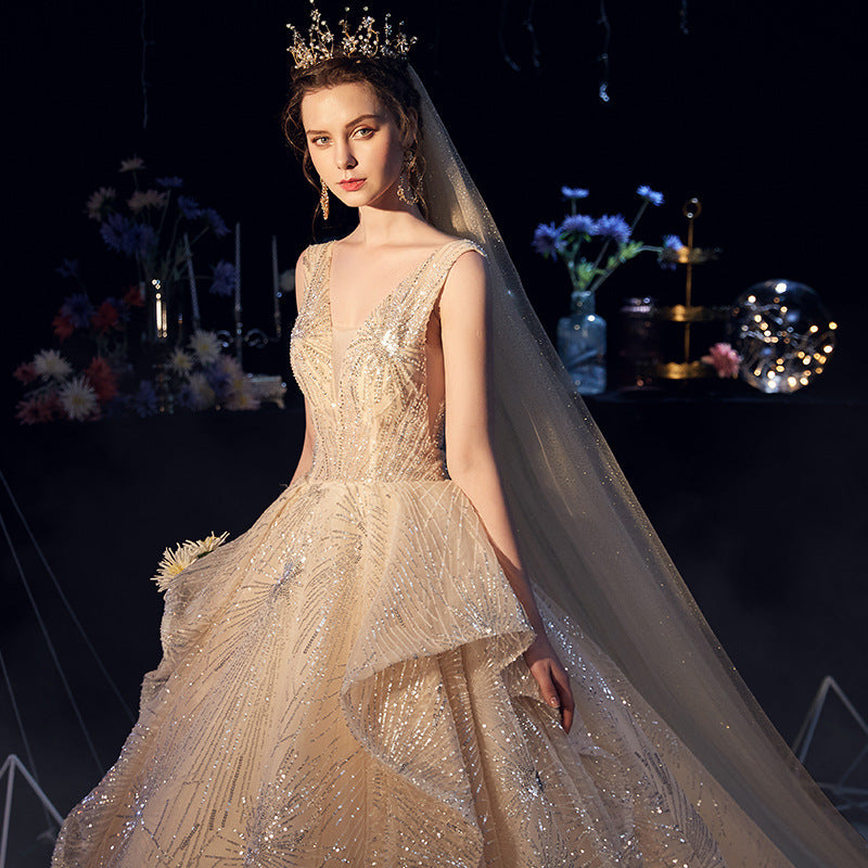 Luxury Starry Sky Wedding Dress Fairy Ruffle Ruched Sequin Beading App ...
