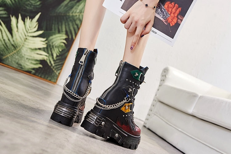 Spring Autumn Winter Women Rivet Chic Metal Chain Buckle Belt Short Equestrian Boots Lady Platform Ankle Knight Boots - LiveTrendsX