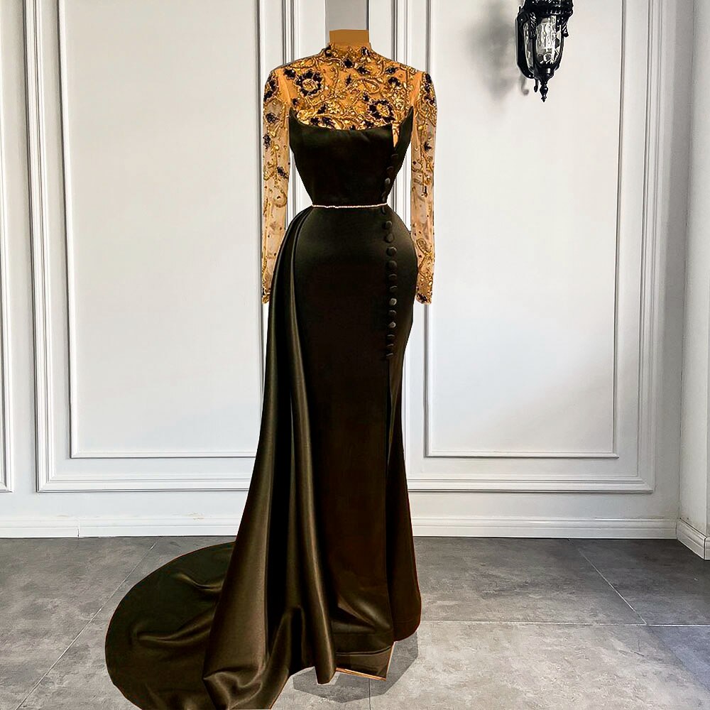 High Neck Gold Beaded Black Satin Women Formal Evening Gowns