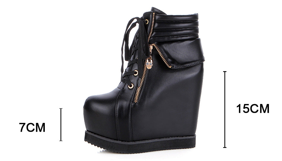 Spring Autumn Women Shoes Round Toe Wedges High Heels Ankle Boots Thick Platform Metal Skull Fashion Ladies Short Boots - LiveTrendsX