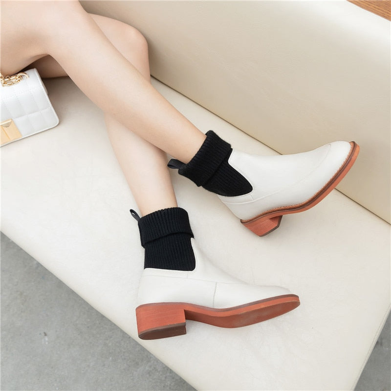 Sweet Female Chelsea Short Boots Genuine Leather Square Heels Women Warm Socks Ankle Boots Dancing Party Shoes Woman - LiveTrendsX