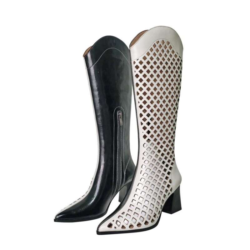 Black White Zipper Pointed Toe Net Boots Women Hole Shoes