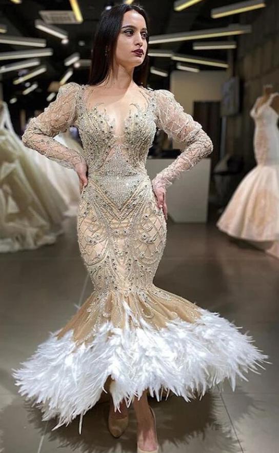 Royal Beaded Crystal Mermaid Prom Dresses See Thru Full Sleeves Feather Sexy Long Prom Gowns Elegant Formal Dresses - LiveTrendsX