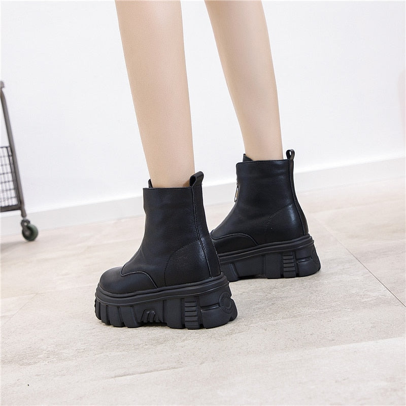 Genuine Leather Front Zipper Women' Ankle Boots 2019 Fashion Style Women Winter Warm Platform Boots Ladies Chunky Shoes - LiveTrendsX