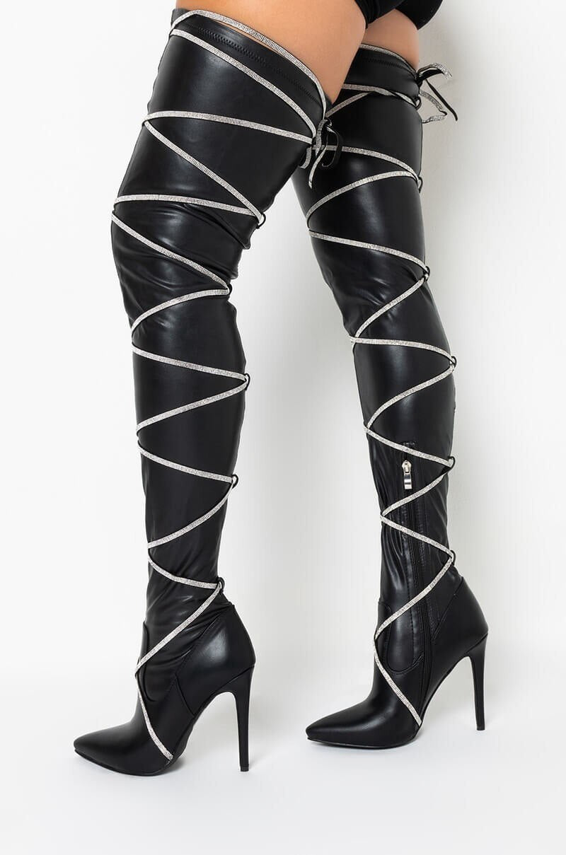 New Diamond Cross-Tied Pointed Toe Over knee Boots