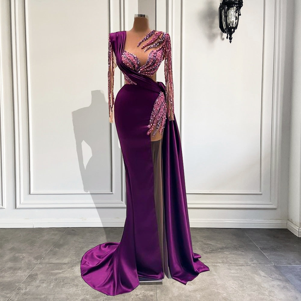 Pearls Dubai Women Purple Satin Sheer Formal Evening Gowns