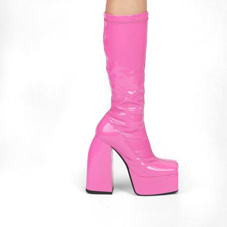 Thick Sole Platform Shoes Square Toe High Heels Long Knee High Boots