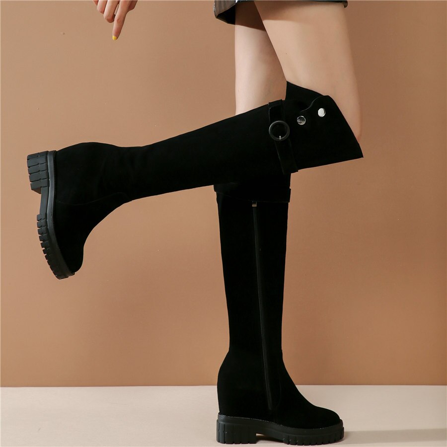 Women Black Genuine Leather High Heel Knee High Military Boots