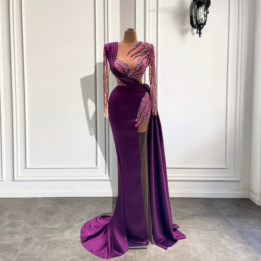 Pearls Dubai Women Purple Satin Sheer Formal Evening Gowns