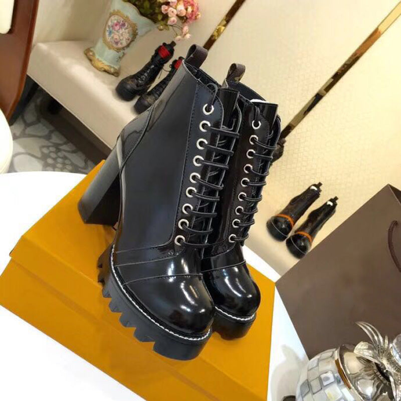 Women Shoes Winter Black Platform Ankle Boots Luxury Round Toe High Heels Lace Up Ladies Shoes Woman Botas - LiveTrendsX