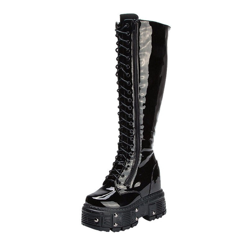 Women Genuine Leather Knee High Boots Platform Wedge High Heels