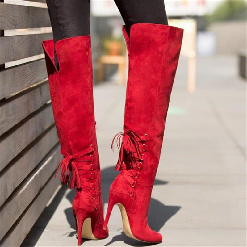 Roman Cross tied Pointed Toe Shoes Woman Suede Leather Long Boots