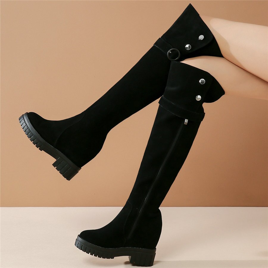 Women Black Genuine Leather High Heel Knee High Military Boots