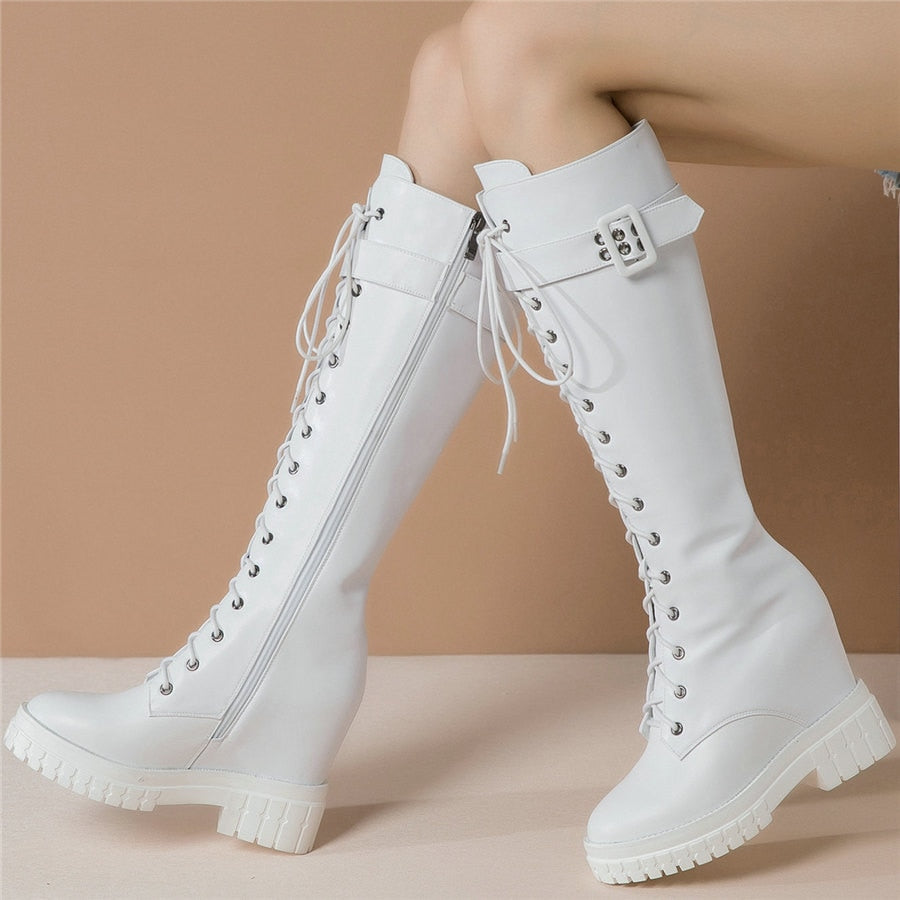 Women Genuine Leather Hidden Wedges High Heel Knee High Boots