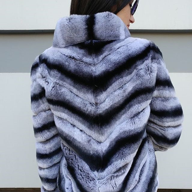 women real rex rabbit fur jacket short coat Chinchilla color with stripe warm winter  classic furry soft fluffy - LiveTrendsX