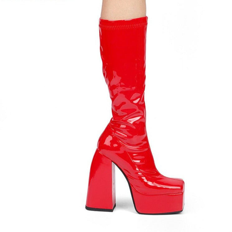 Thick Sole Platform Shoes Square Toe High Heels Long Knee High Boots