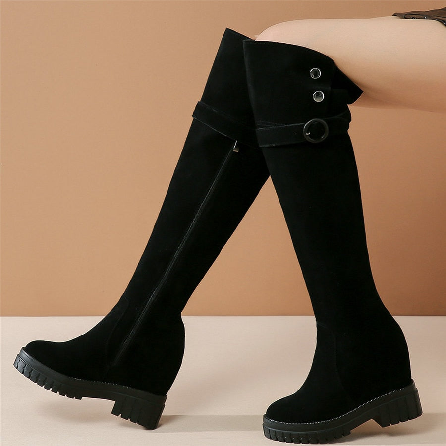 Women Black Genuine Leather High Heel Knee High Military Boots