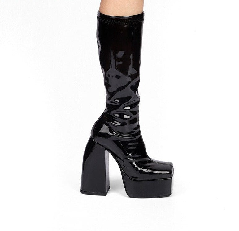 Thick Sole Platform Shoes Square Toe High Heels Long Knee High Boots