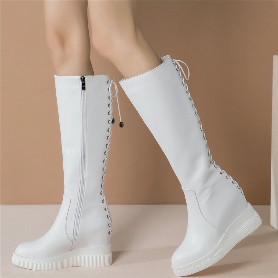 Knee High Military Boots Female Back Lace Up Round Toe Platform Pumps Shoes