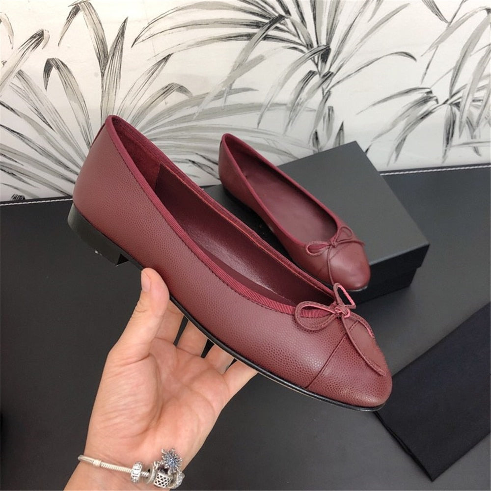 Luxury Brands Women's Shoes Comfort Round Toe Caviar Leather Women's Flats Butterfly-knot Bowtie Casual Shoes Ballet Flats 34-42 - LiveTrendsX